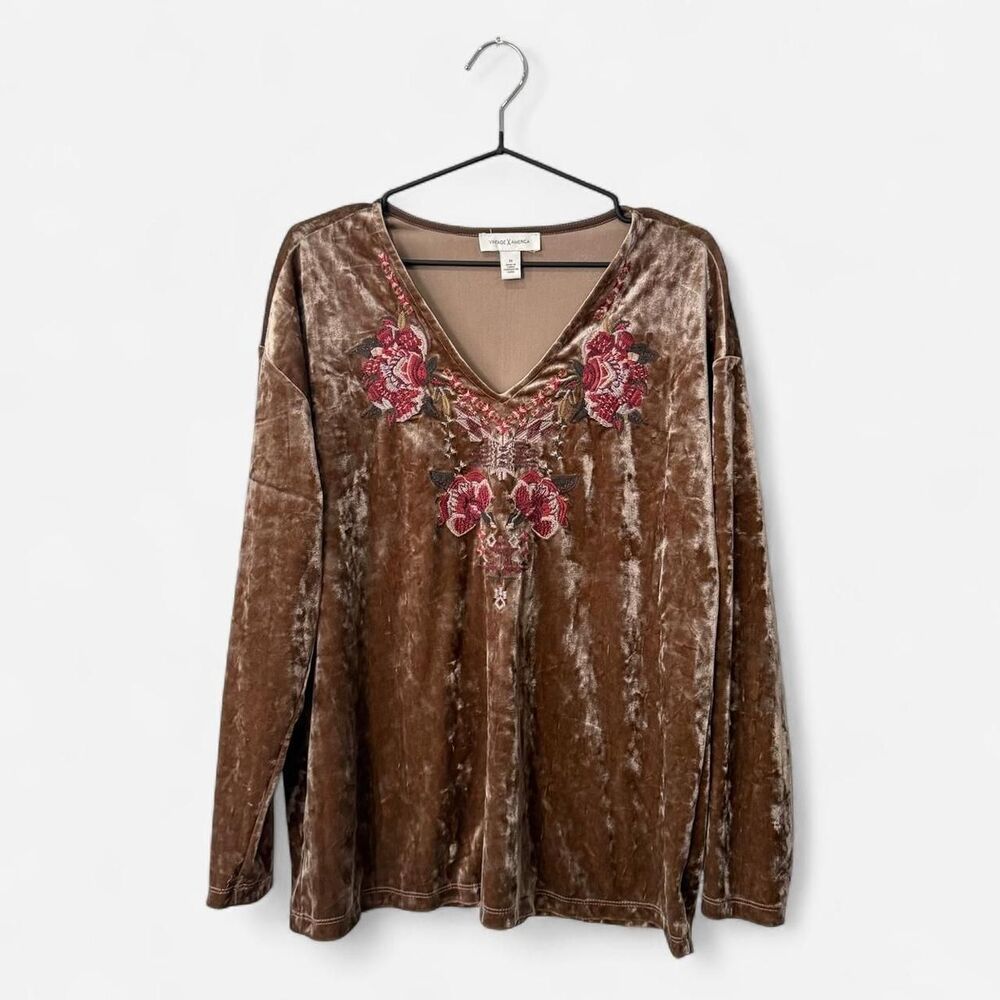 Boho fairy renaissance Vintage brown velvet blouse with red floral embroidery M